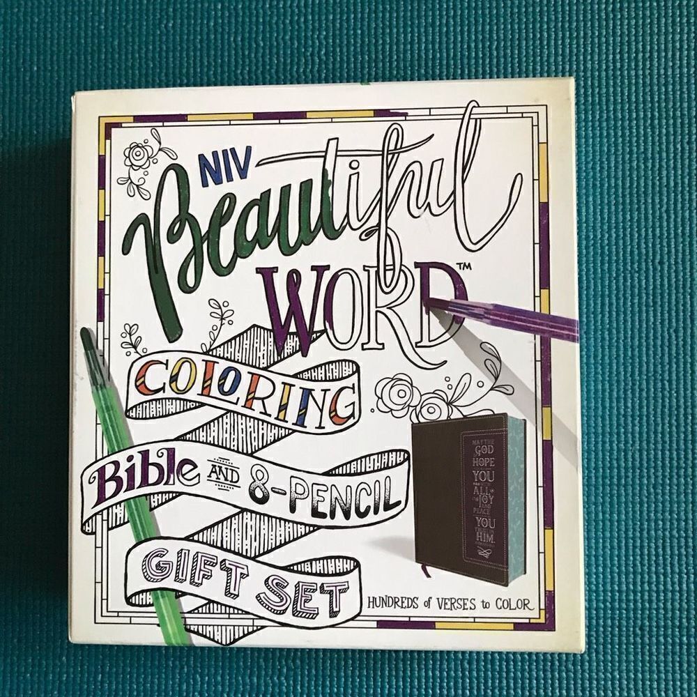 NIV Beautiful Word coloring Bible with 8 pencils set art journal brown purple gi